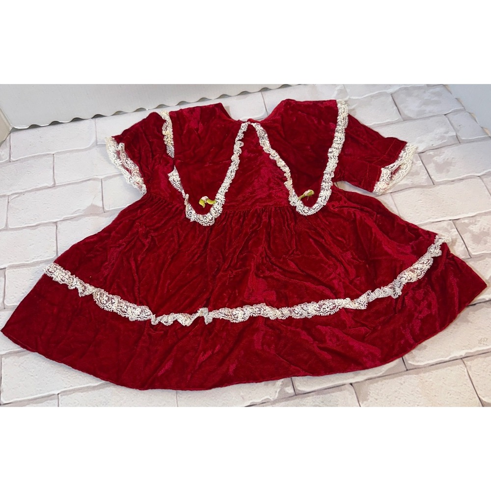 Vintage Baby Red Crushed Velvet Dress Lace Trim Holiday Party Short Sleeves